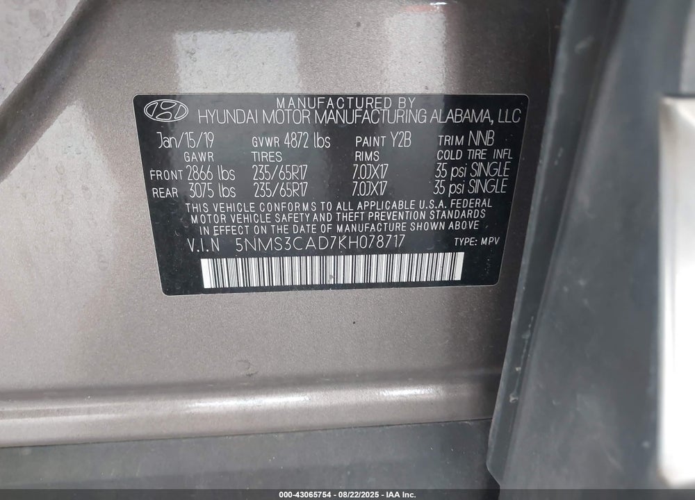 2019 HYUNDAI SANTA FE VIN: 5NMS3CAD7KH078717