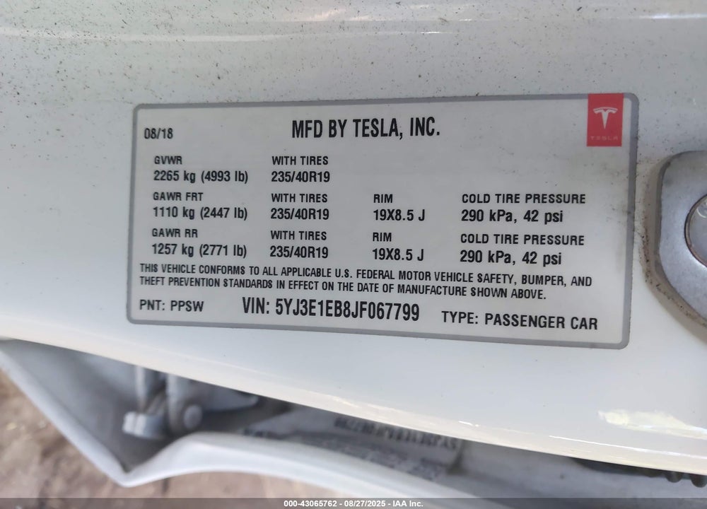 2018 TESLA MODEL 3 LONG RANGE/PERFORMANCE VIN: 5YJ3E1EB8JF067799