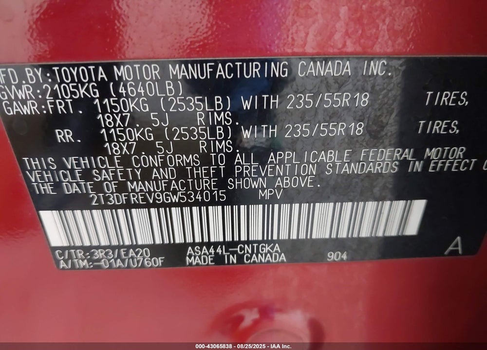 2016 TOYOTA RAV4 VIN: 2T3DFREV9GW534015