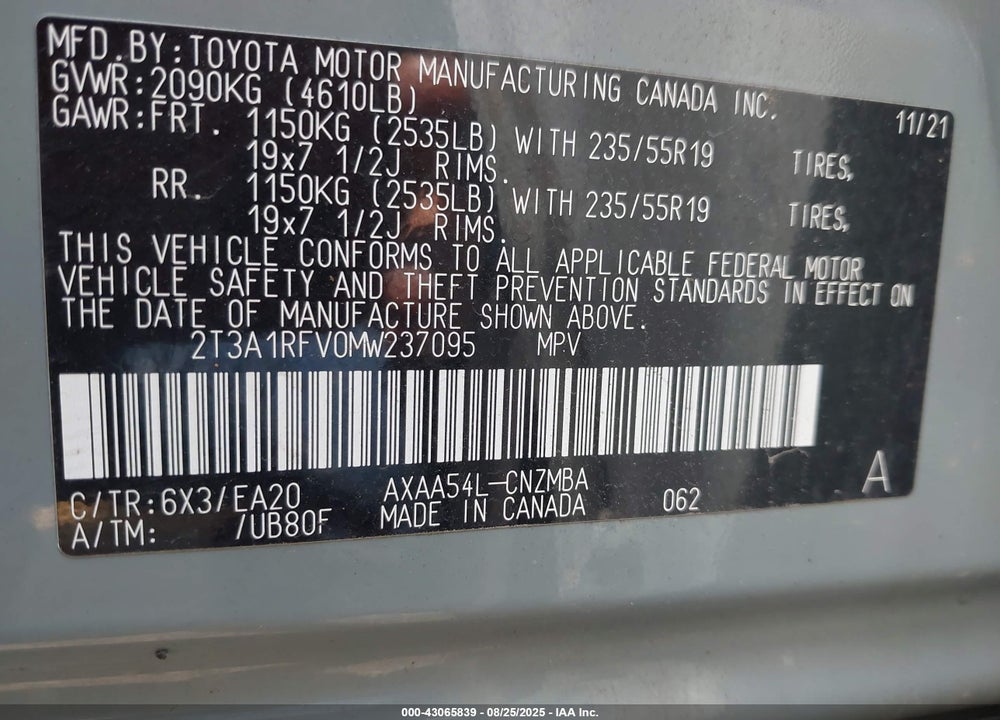 2021 TOYOTA RAV4 VIN: 2T3A1RFV0MW237095