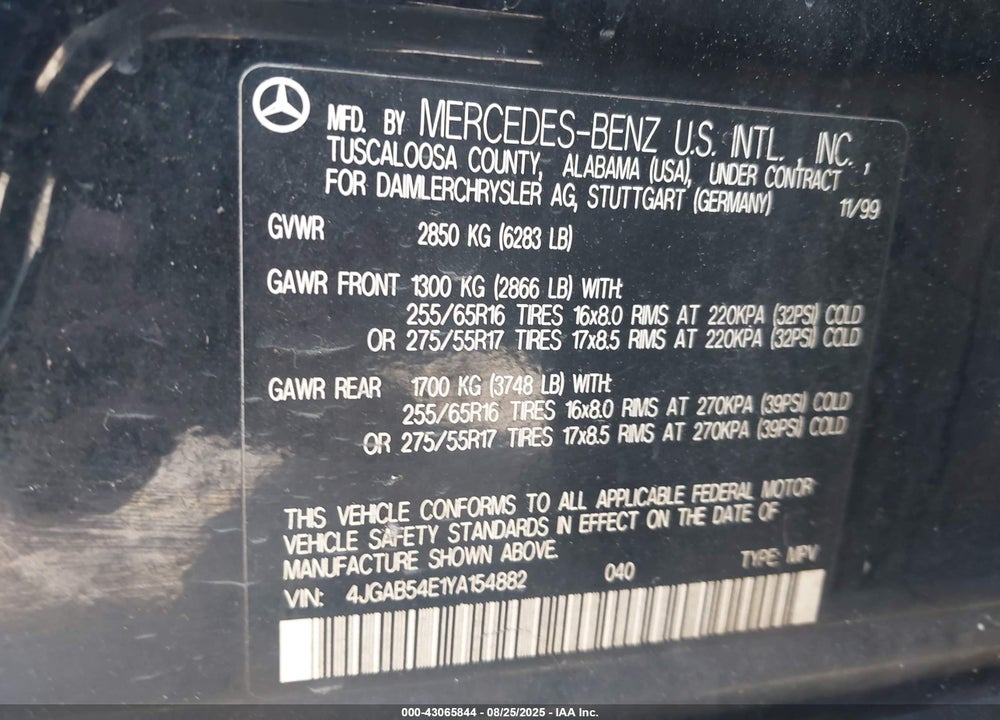 2000 MERCEDES-BENZ ML 320 VIN: 4JGAB54E1YA154882