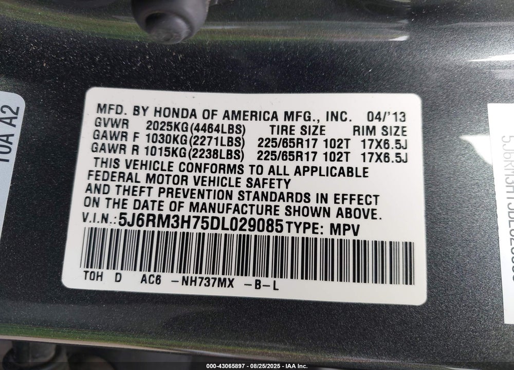 2013 HONDA CR-V EX-L VIN: 5J6RM3H75DL029085