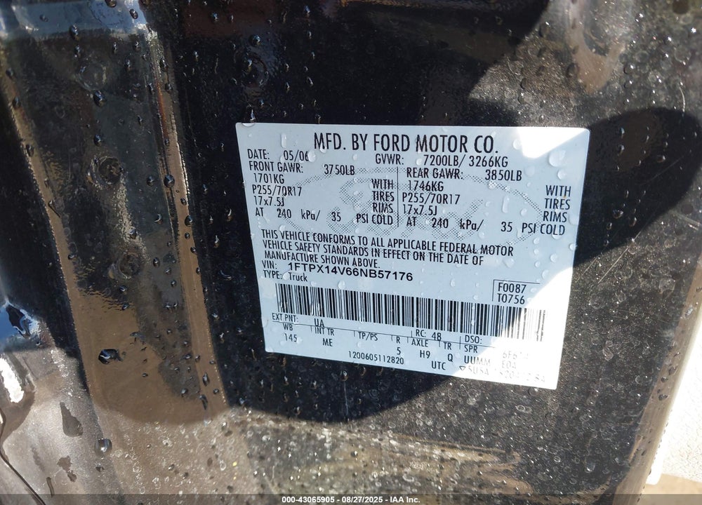 2006 FORD F-150 VIN: 1FTPX14V66NB57176