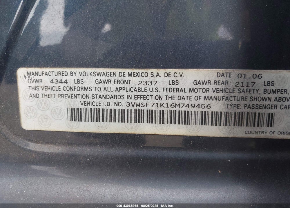 2006 VOLKSWAGEN JETTA VIN: 3VWSF71K16M749456