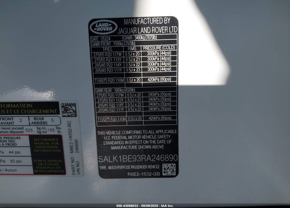 2024 LAND ROVER RANGE ROVER VIN: SALK1BE93RA246890