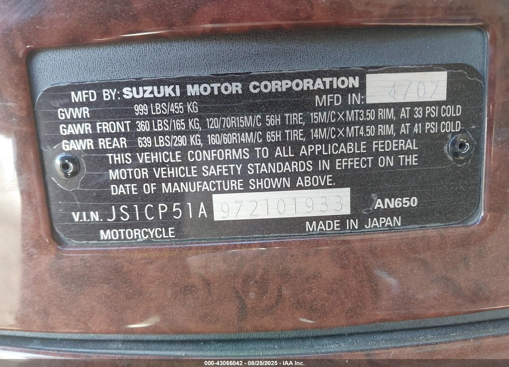 2007 SUZUKI AN650 VIN: JS1CP51A972101933
