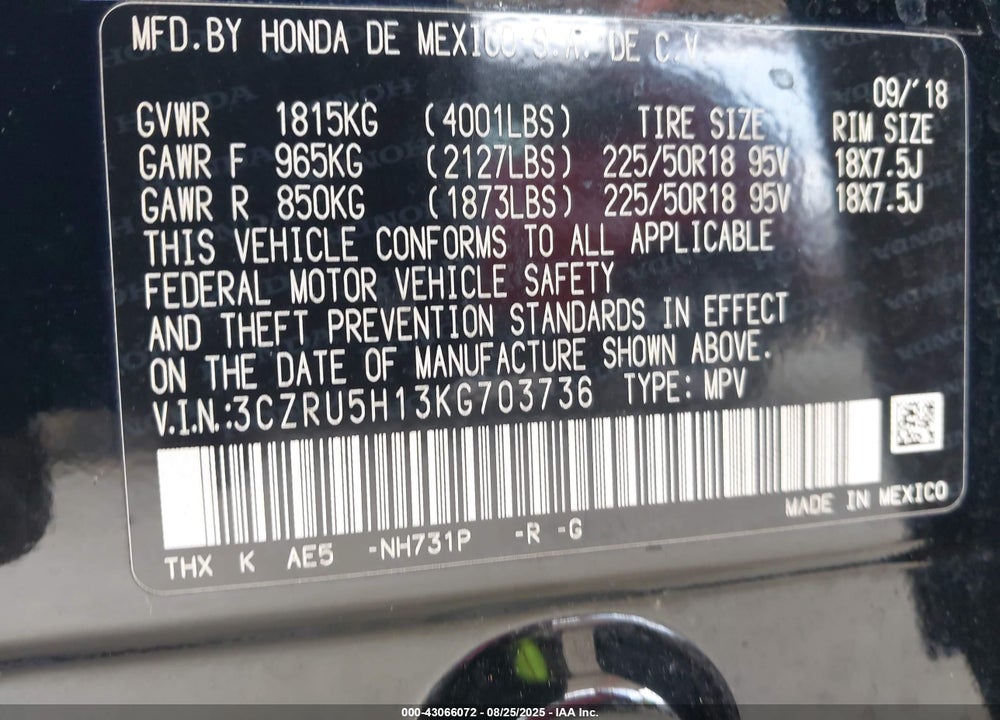 2019 HONDA HR-V VIN: 3CZRU5H13KG703736