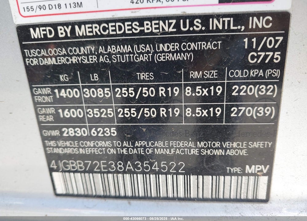 2008 MERCEDES-BENZ ML 550 4MATIC VIN: 4JGBB72E38A354522