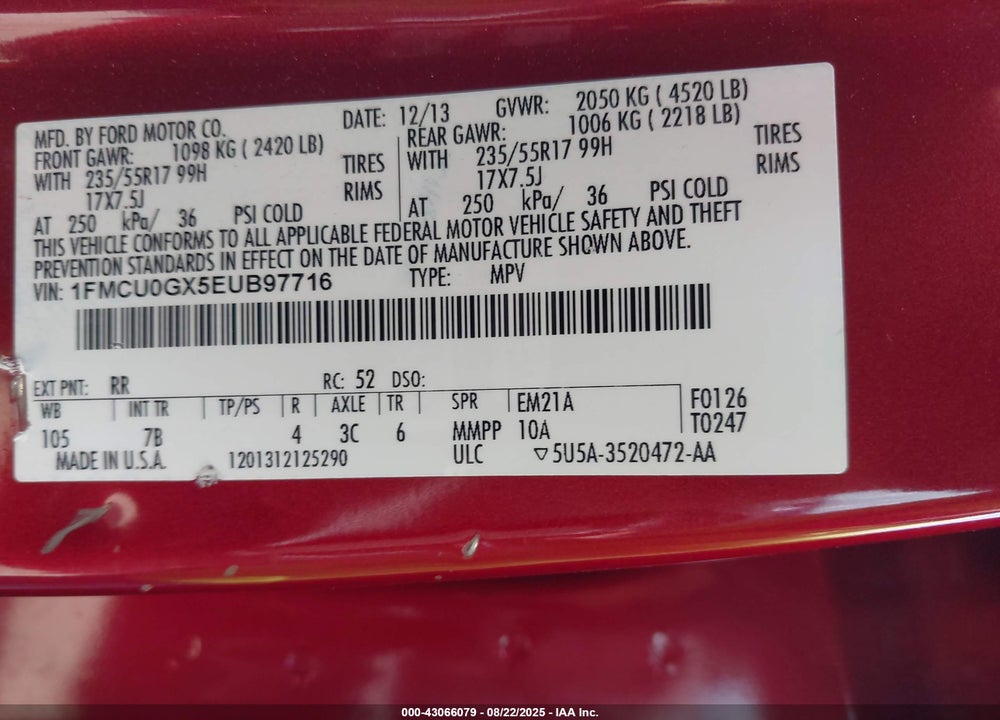 2014 FORD ESCAPE VIN: 1FMCU0GX5EUB97716