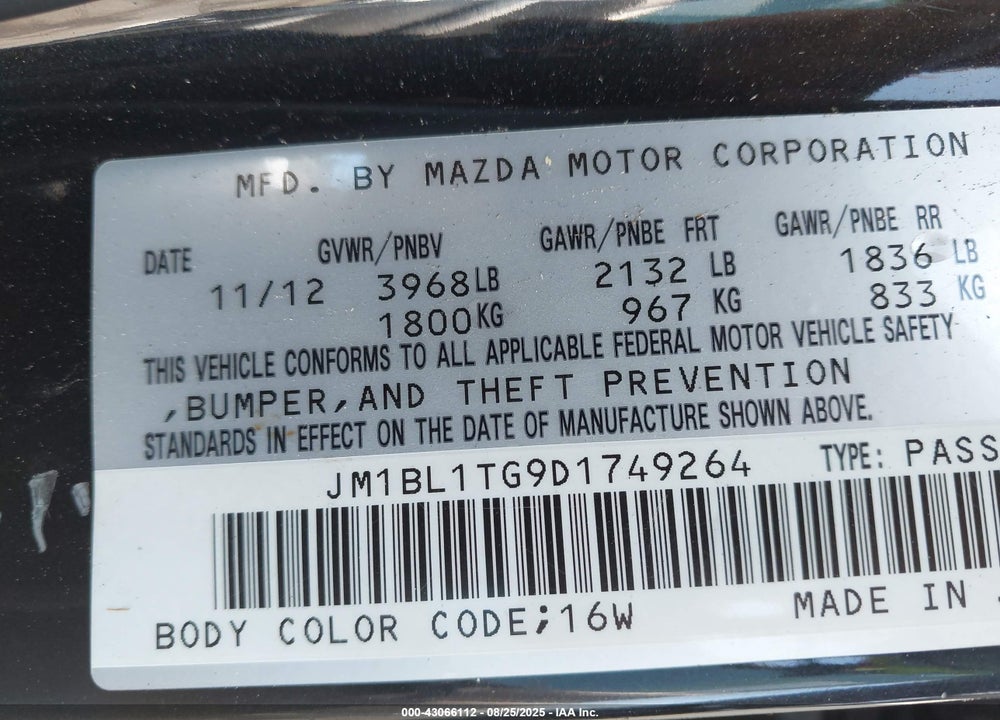 2013 MAZDA 3 VIN: JM1BL1TG9D1749264