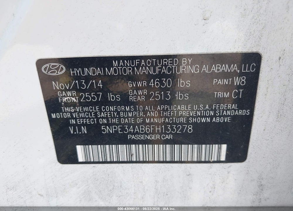 2015 HYUNDAI SONATA LIMITED 2.0T VIN: 5NPE34AB6FH133278
