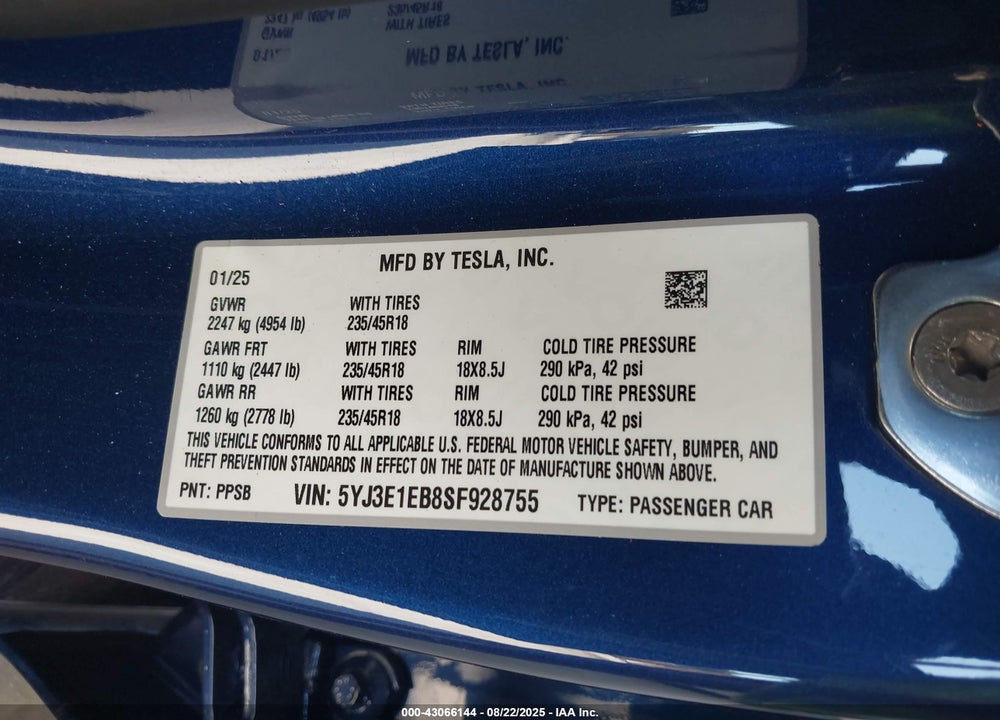 2025 TESLA MODEL 3 VIN: 5YJ3E1EB8SF928755