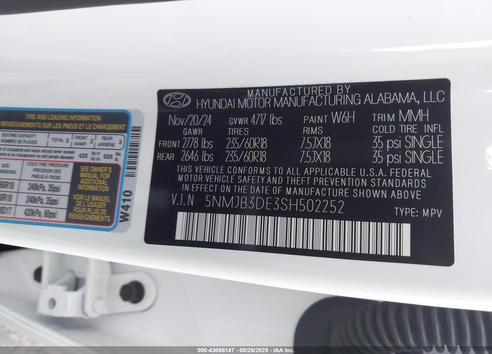 2025 HYUNDAI TUCSON VIN: 5NMJB3DE3SH502252