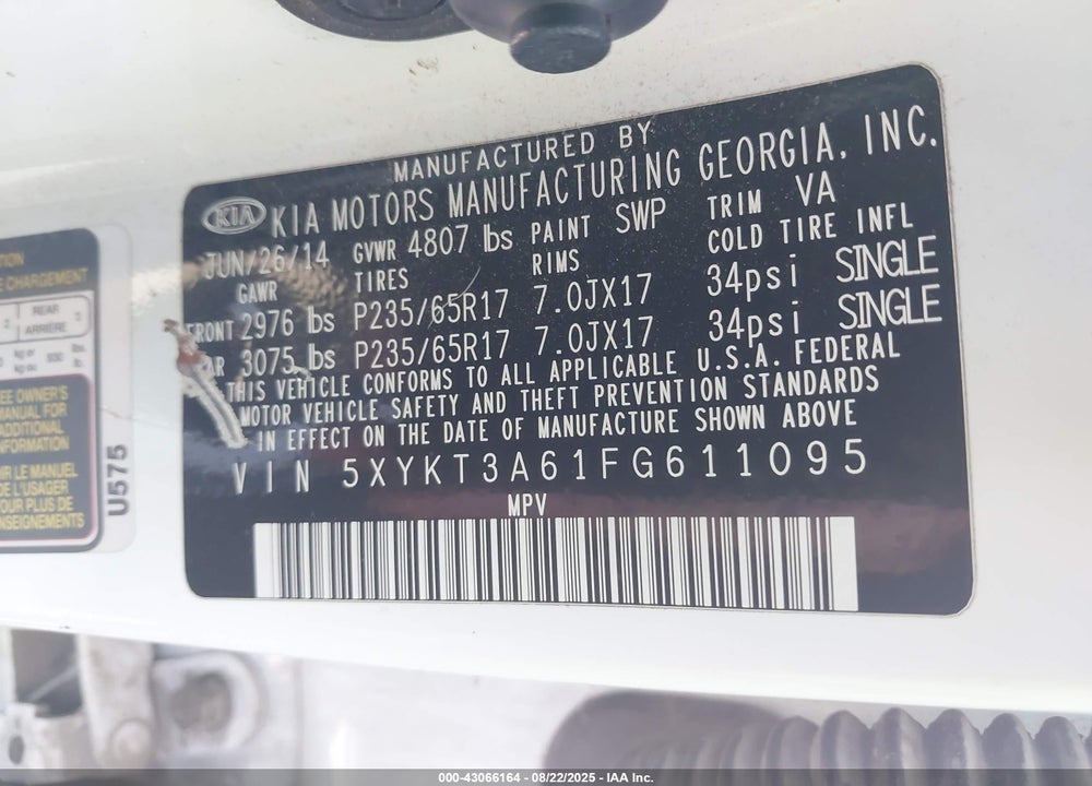 2015 KIA SORENTO VIN: 5XYKT3A61FG611095