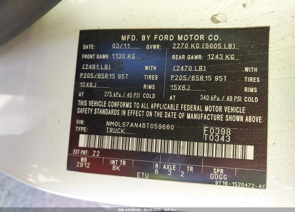 2011 FORD TRANSIT CONNECT XL VIN: NM0LS7AN4BT059660