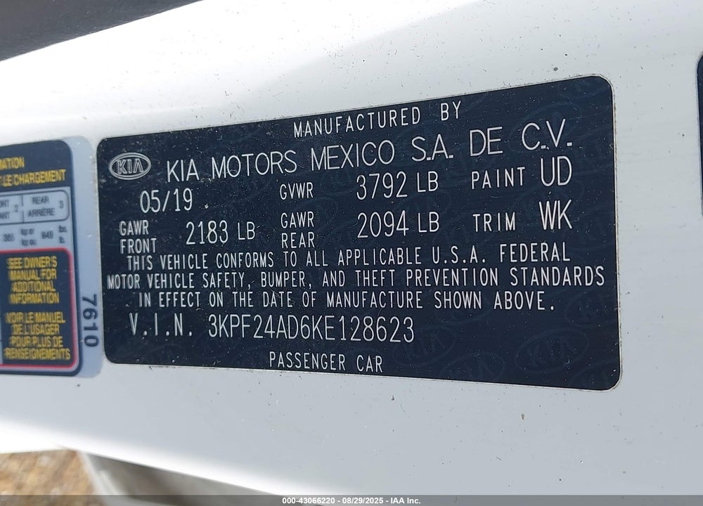 2019 KIA FORTE VIN: 3KPF24AD6KE128623