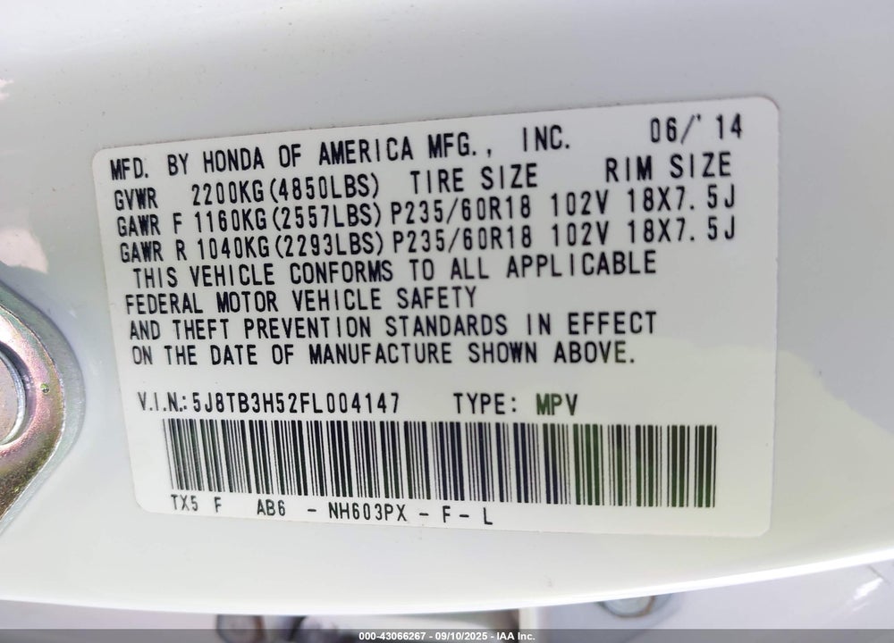 2015 ACURA RDX VIN: 5J8TB3H52FL004147