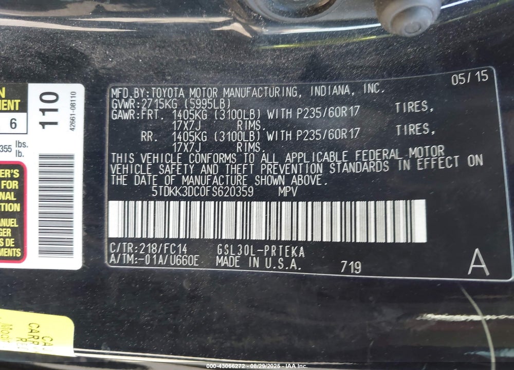 2015 TOYOTA SIENNA LE 8 PASSENGER VIN: 5TDKK3DC0FS620359