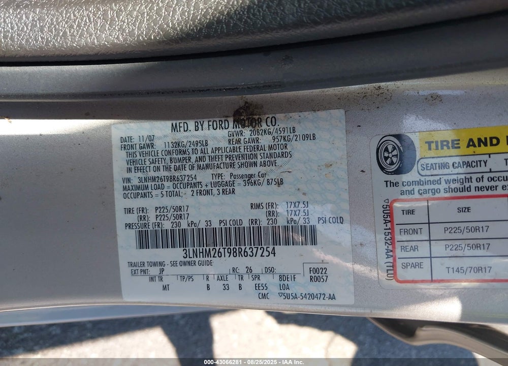 2008 LINCOLN MKZ VIN: 3LNHM26T98R637254