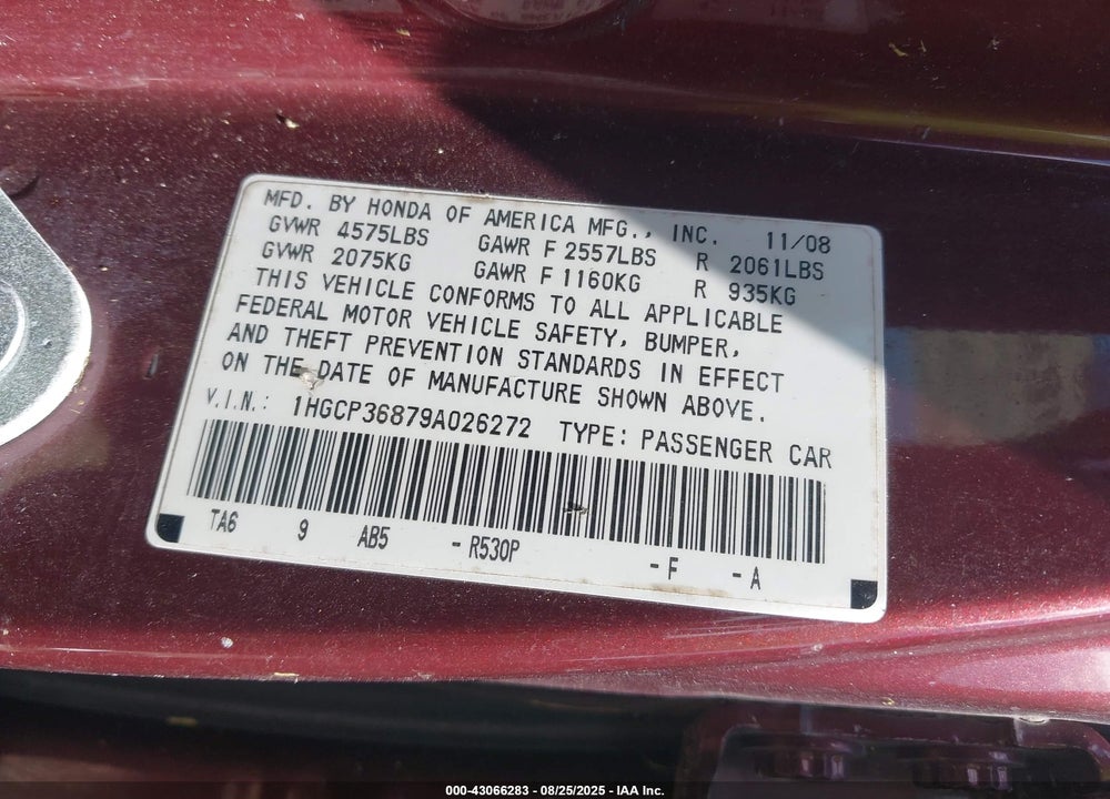 2009 HONDA ACCORD VIN: 1HGCP36879A026272