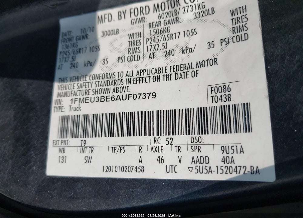 2010 FORD EXPLORER SPORT TRAC VIN: 1FMEU3BE6AUF07379