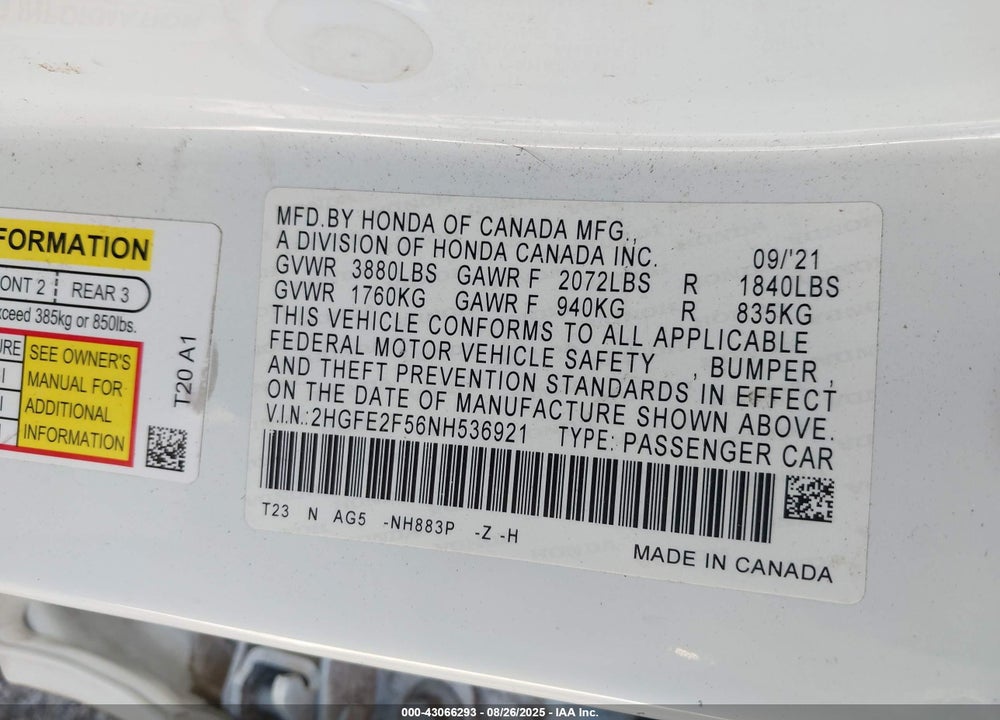 2022 HONDA CIVIC SPORT VIN: 2HGFE2F56NH536921