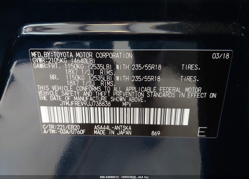 2018 TOYOTA RAV4 VIN: JTMJFREV9JJ738838