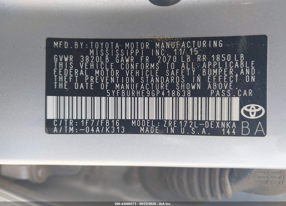 2016 TOYOTA COROLLA VIN: 5YFBURHE9GP418638