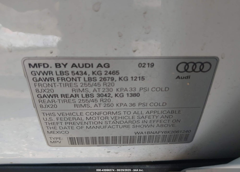 2019 AUDI Q5 VIN: WA1BNAFY6K2061240
