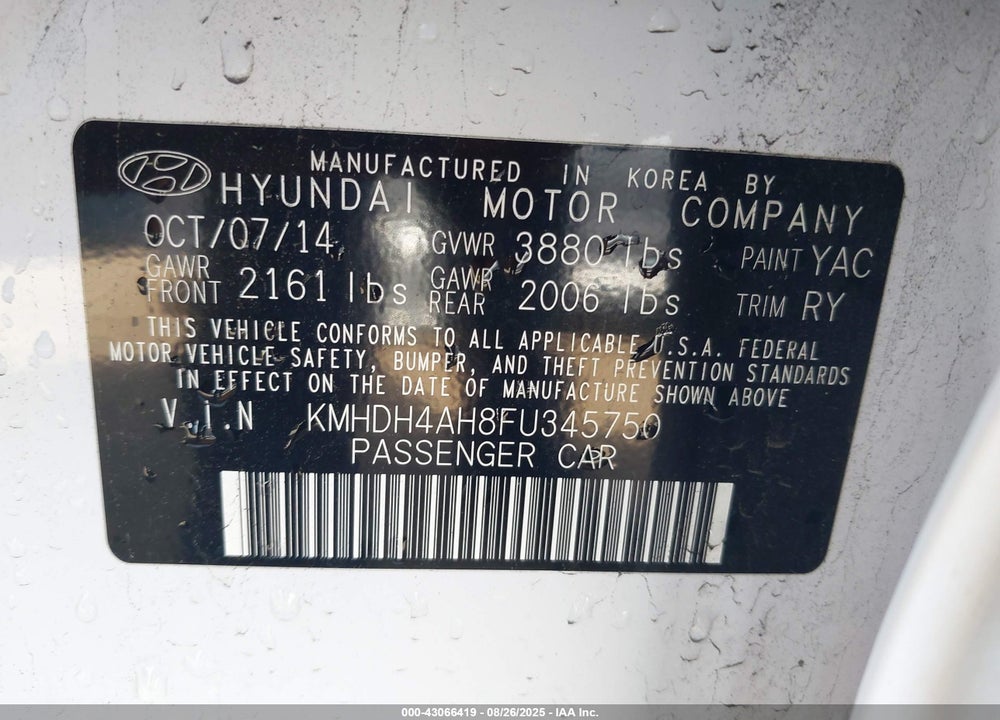 2015 HYUNDAI ELANTRA SPORT VIN: KMHDH4AH8FU345750