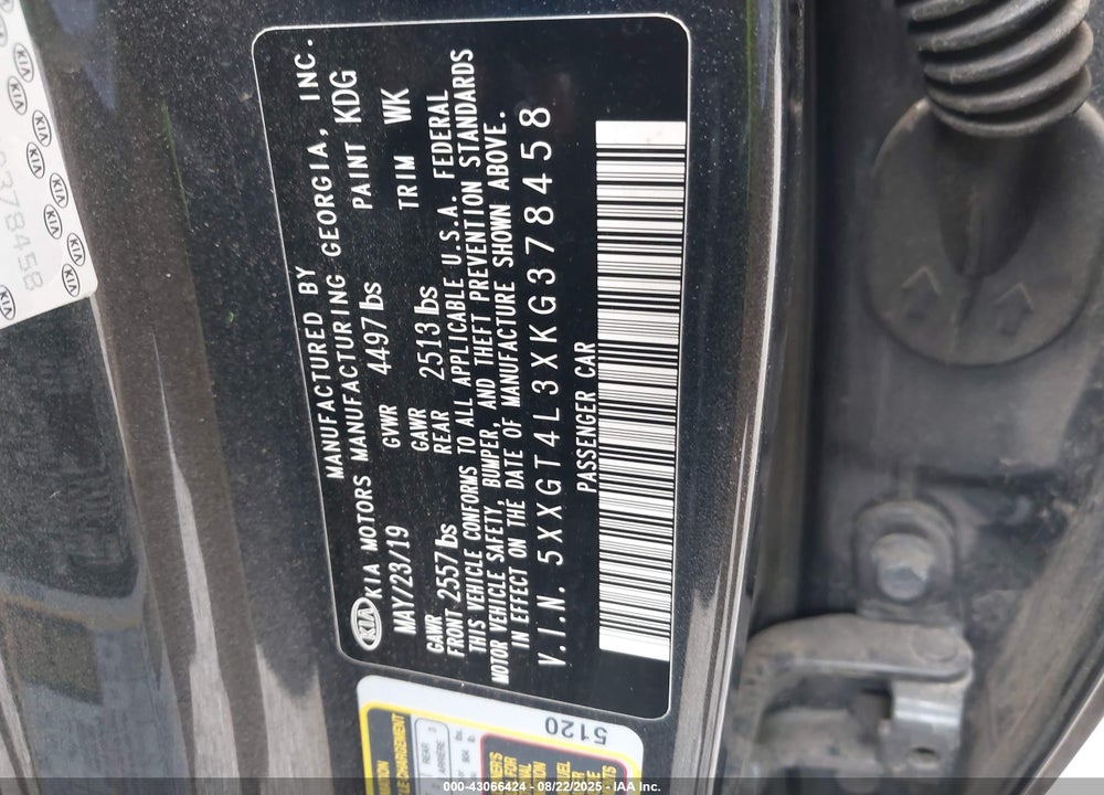 2019 KIA OPTIMA VIN: 5XXGT4L3XKG378458
