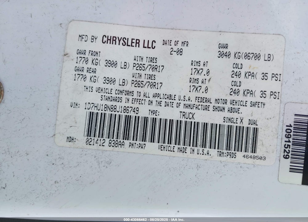 2008 DODGE RAM 1500 VIN: 1D7HU18N88J186749