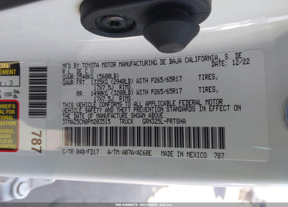2023 TOYOTA TACOMA VIN: 3TMAZ5CN8PM203515