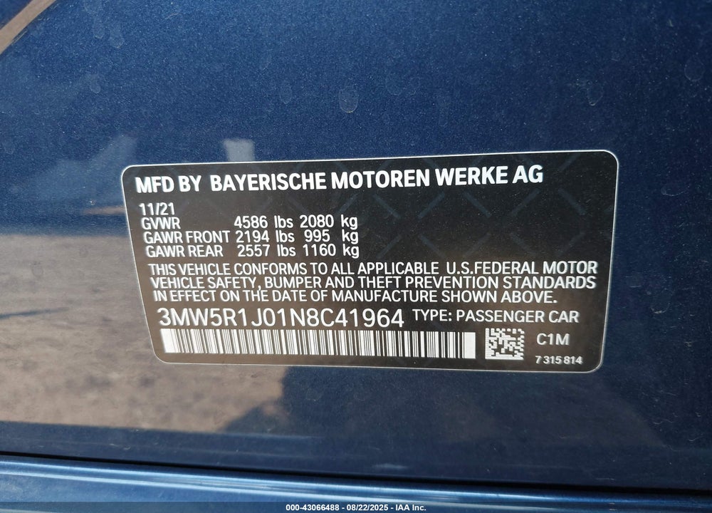 2022 BMW 3 SERIES VIN: 3MW5R1J01N8C41964