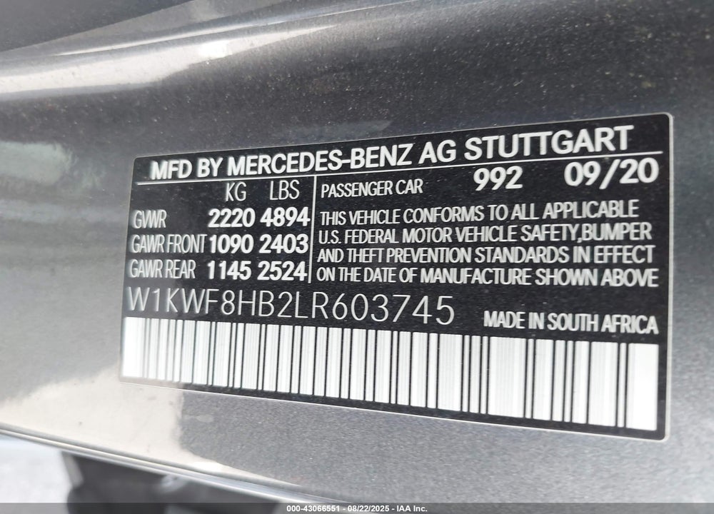 2020 MERCEDES-BENZ C CLASS VIN: W1KWF8HB2LR603745