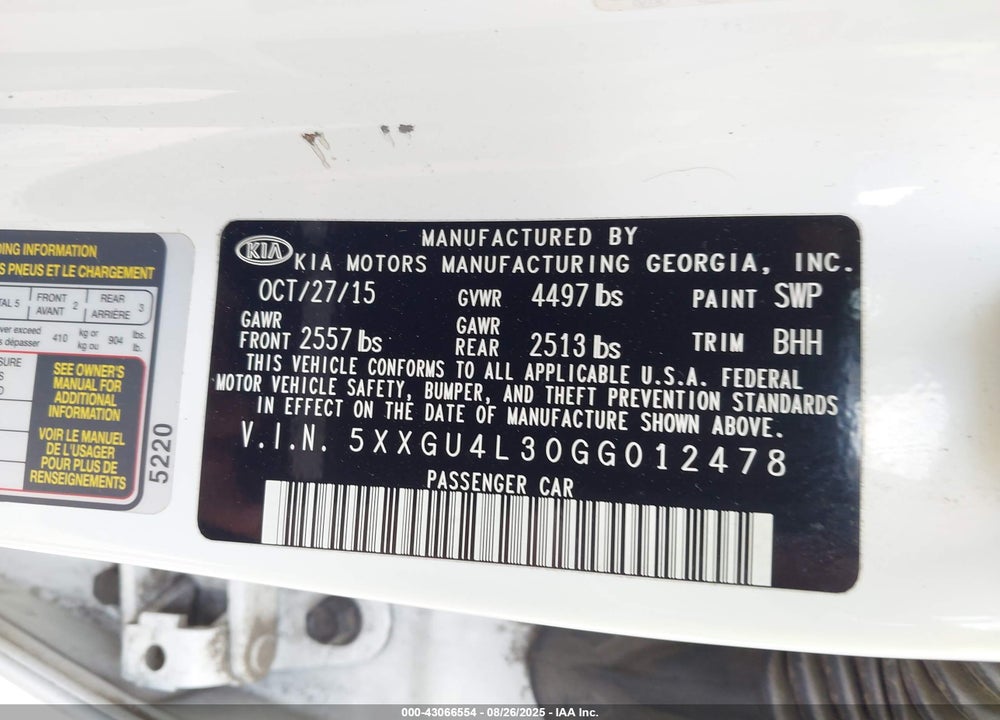 2016 KIA OPTIMA VIN: 5XXGU4L30GG012478