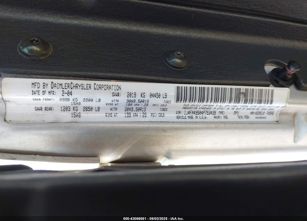 2004 JEEP WRANGLER SPORT VIN: 1J4FA49S04P753439