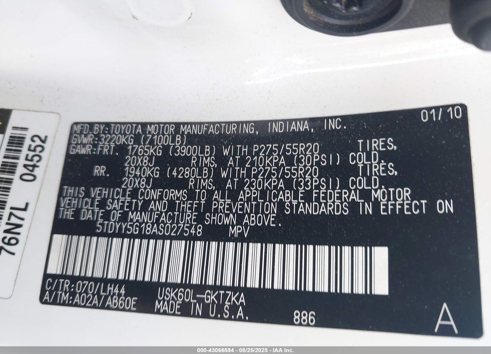 2010 TOYOTA SEQUOIA PLATINUM 5.7L V8 VIN: 5TDYY5G18AS027548