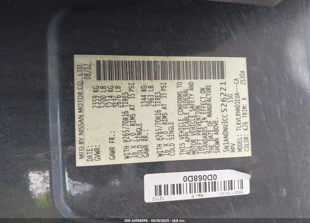 2012 NISSAN XTERRA VIN: 5N1AN0NU3CC526221
