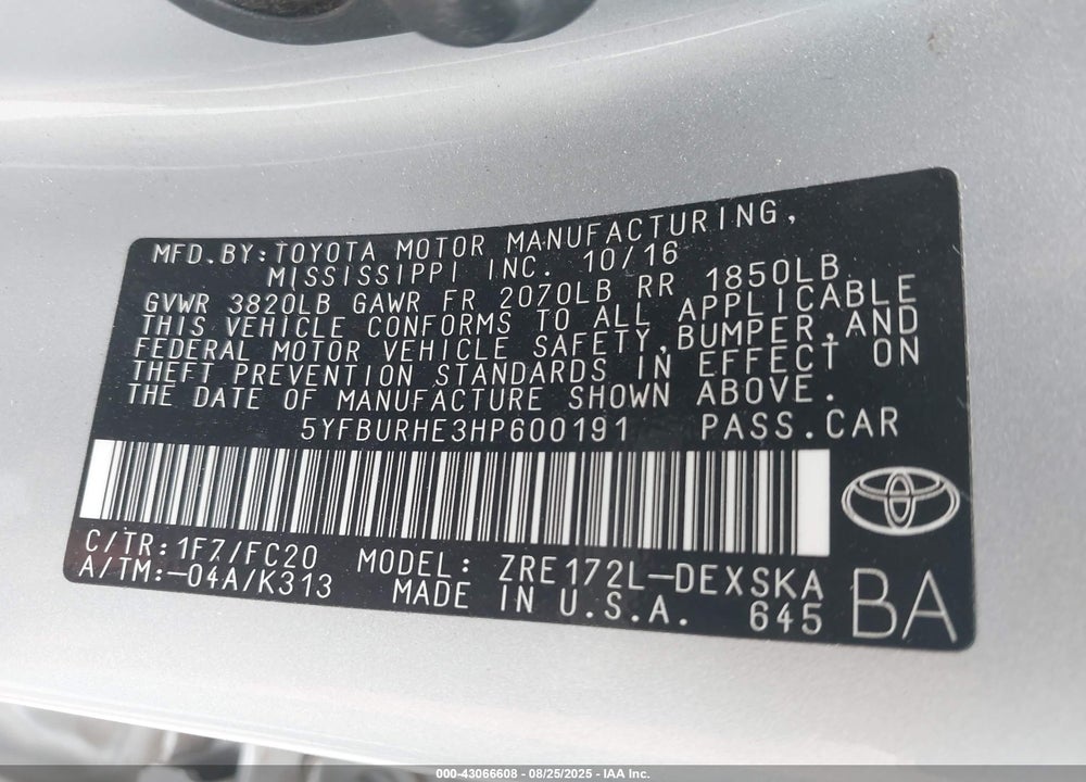 2017 TOYOTA COROLLA VIN: 5YFBURHE3HP600191