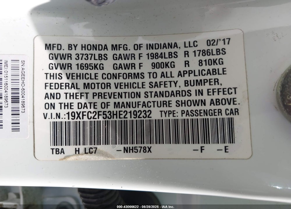 2017 HONDA CIVIC LX VIN: 19XFC2F53HE219232