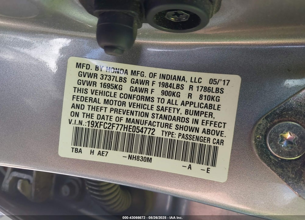 2017 HONDA CIVIC VIN: 19XFC2F77HE054772