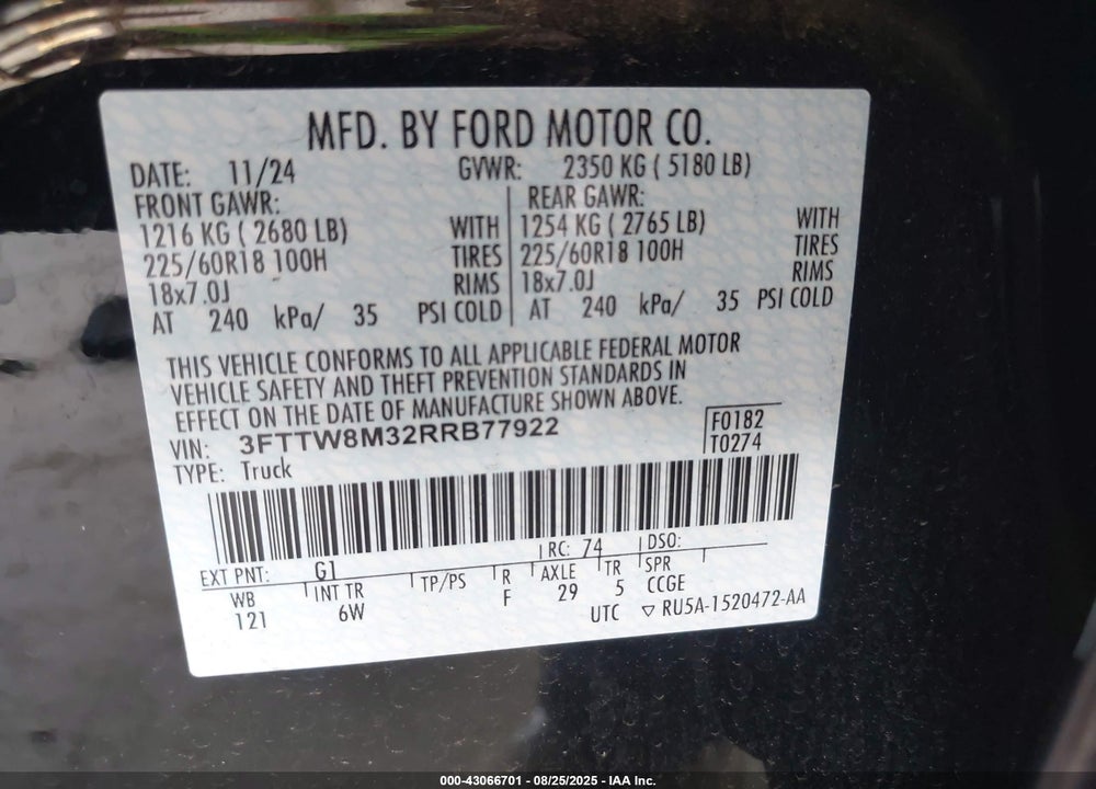 2024 FORD MAVERICK VIN: 3FTTW8M32RRB77922