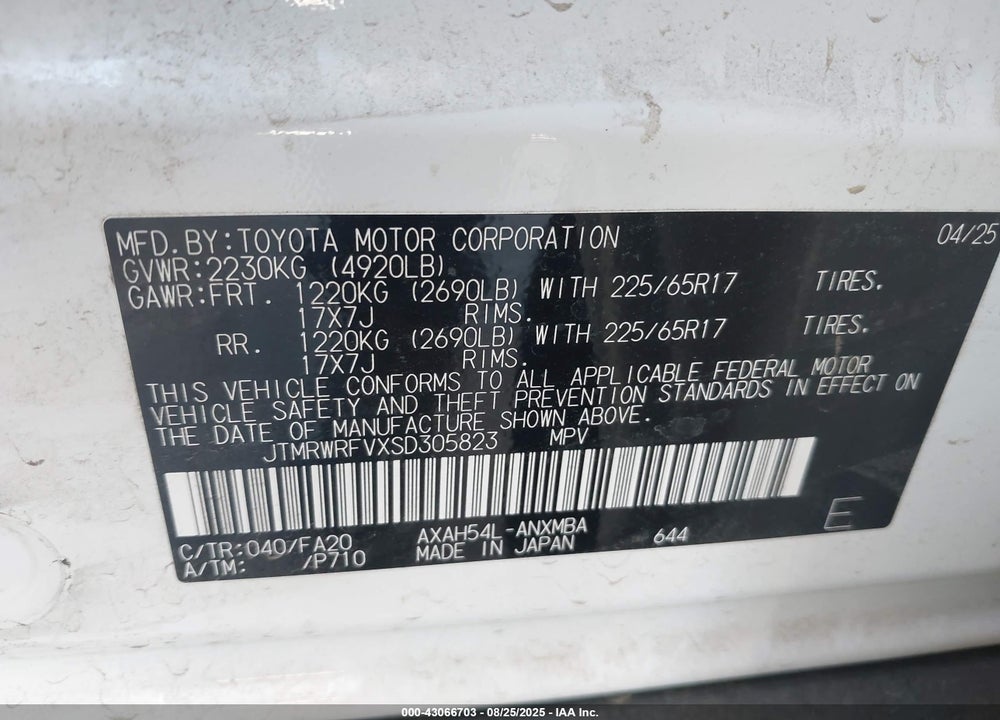 2025 TOYOTA RAV4 HYBRID VIN: JTMRWRFVXSD305823