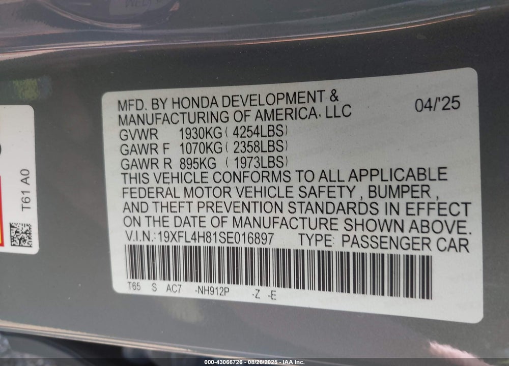 2025 HONDA CIVIC HYBRID VIN: 19XFL4H81SE016897