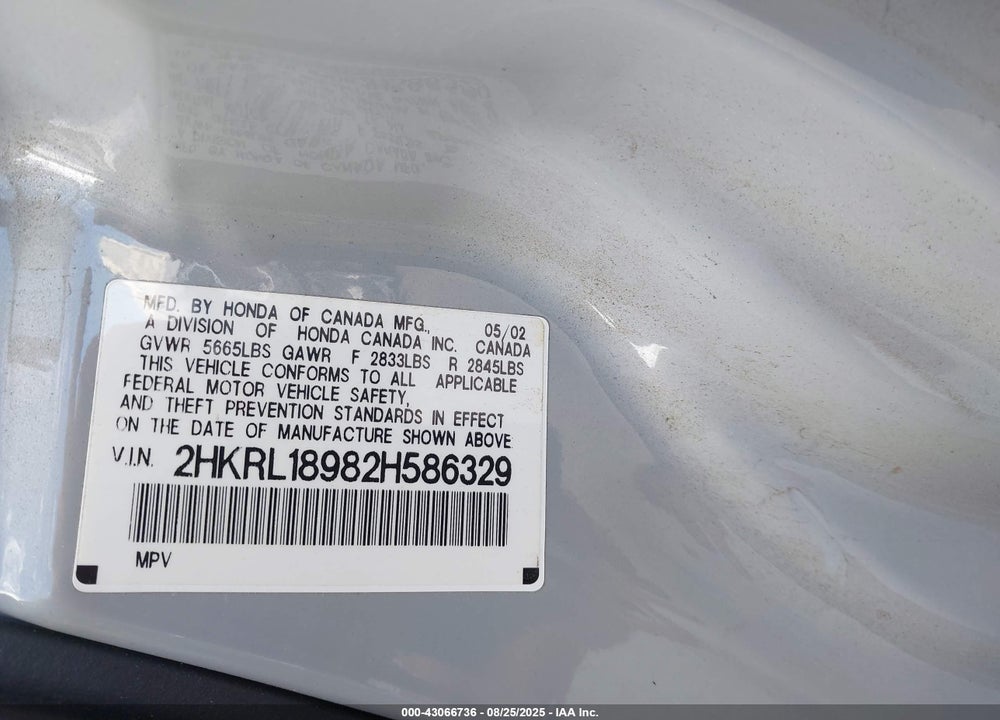 2002 HONDA ODYSSEY EX-L VIN: 2HKRL18982H586329