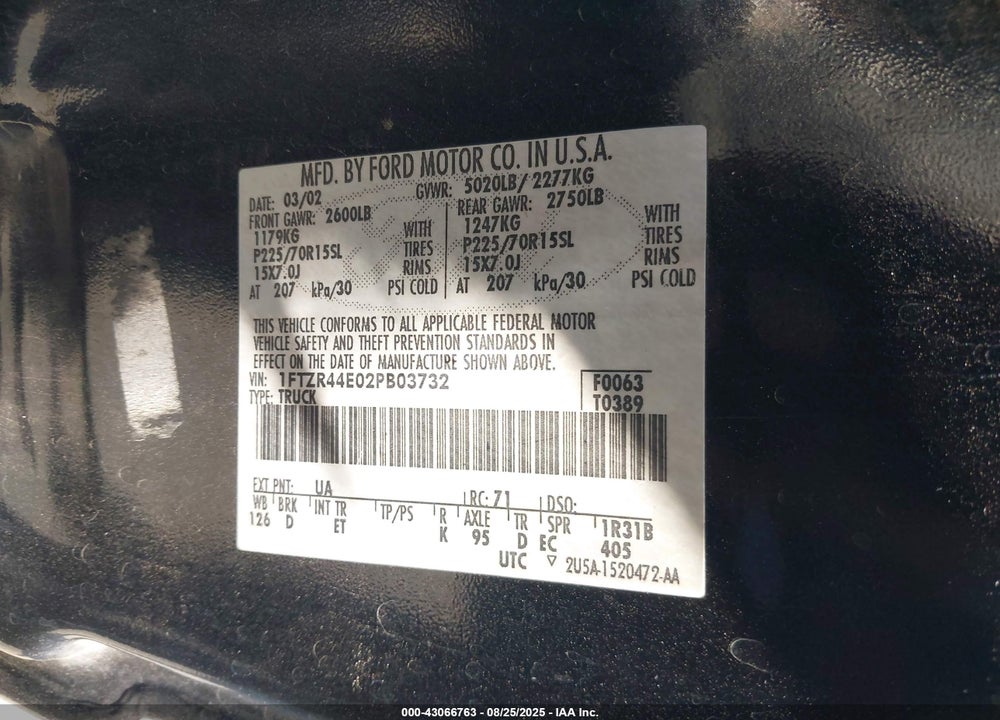 2002 FORD RANGER XLT VIN: 1FTZR44E02PB03732
