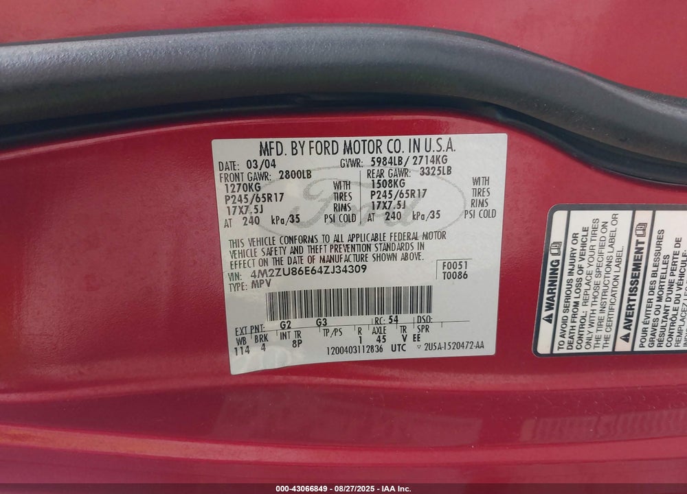 2004 MERCURY MOUNTAINEER VIN: 4M2ZU86E64ZJ34309