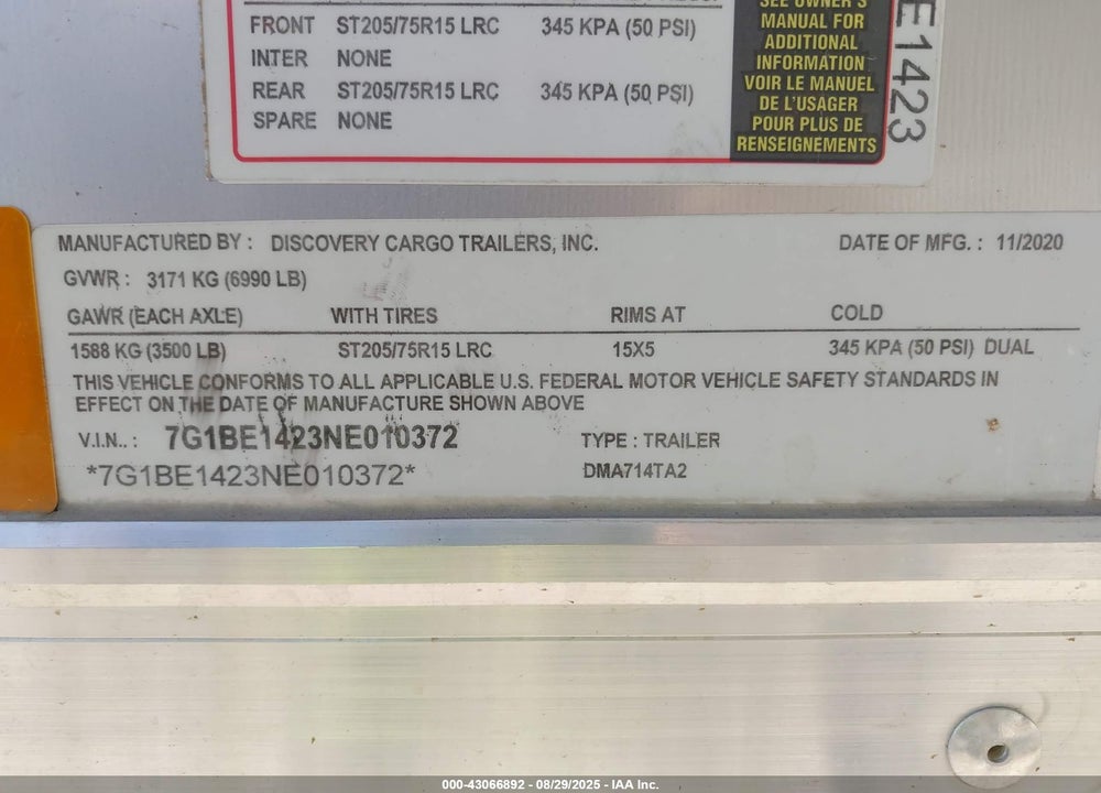 2022 DISCOVERY 7X14 CARGO TRAILER VIN: 7G1BE1423NE010372