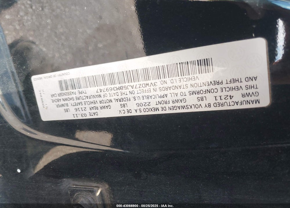 2011 VOLKSWAGEN JETTA 2.5L SE VIN: 3VWDZ7AJ5BM369747